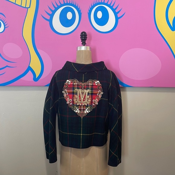 Moschino Green Red Tartan Plaid Jacket Heart Embroidered